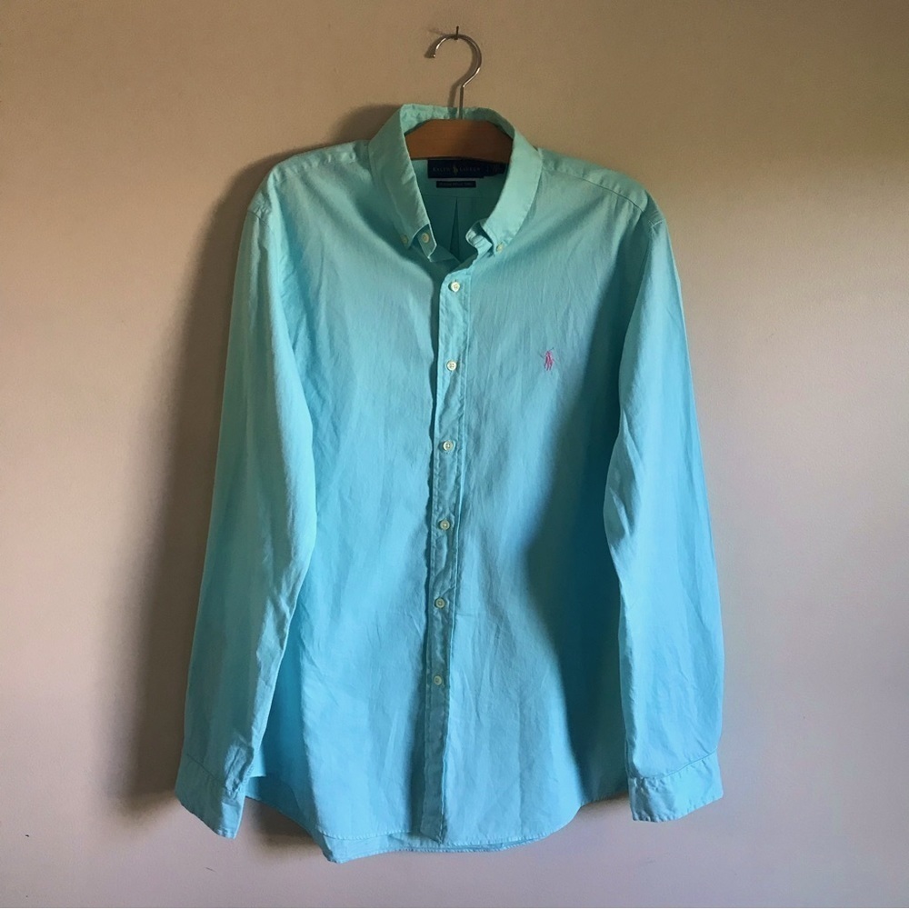 RALPH Lauren Featherweight Twill Button Down Dress Shirt Blue Pink Mens Large​